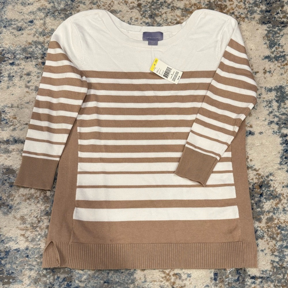 Laura Scott Striped Long Sleeve Top in White and Tan